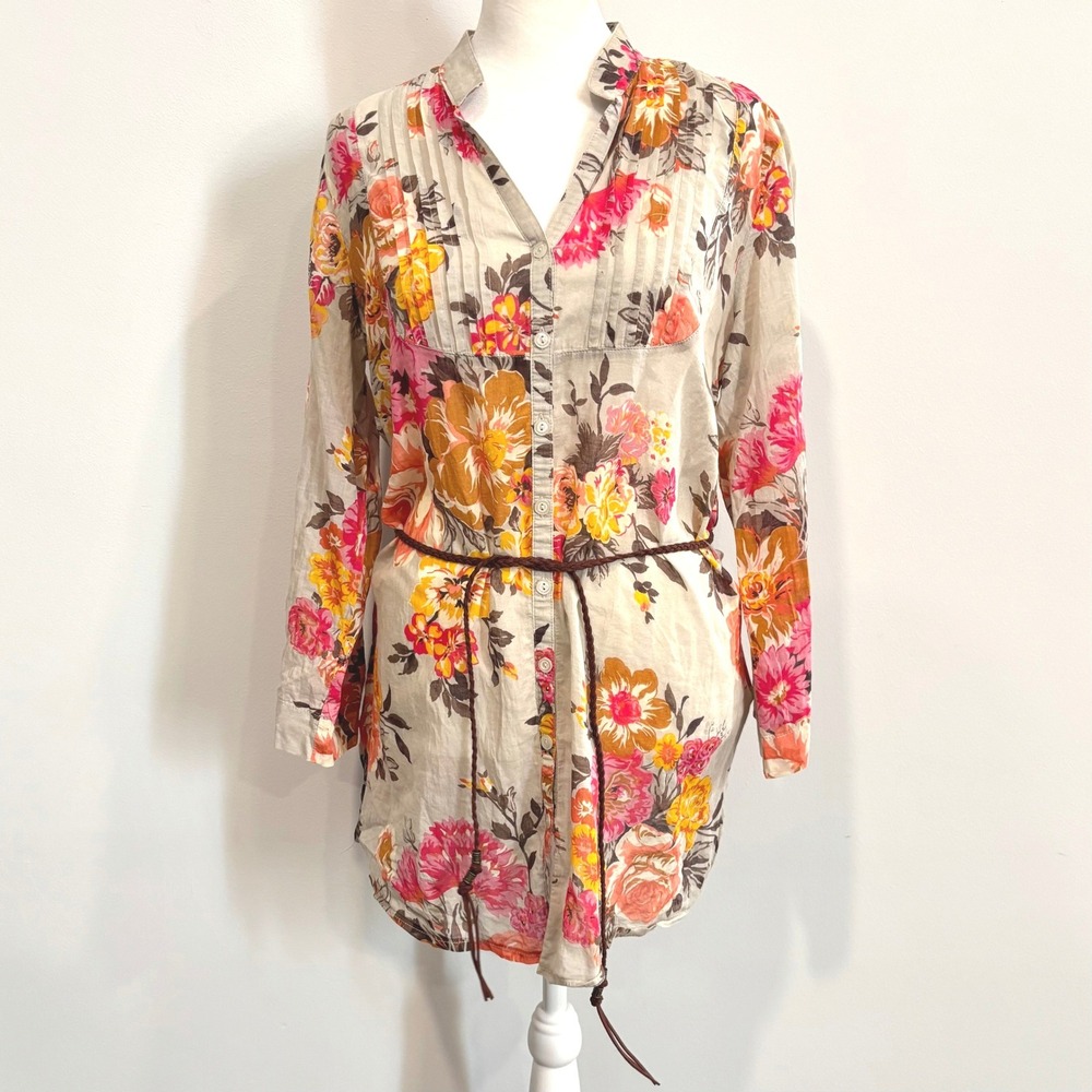 Affinités Armand Thiery Women Button Up Shirt Floral Belted Cotton Cottage 21878